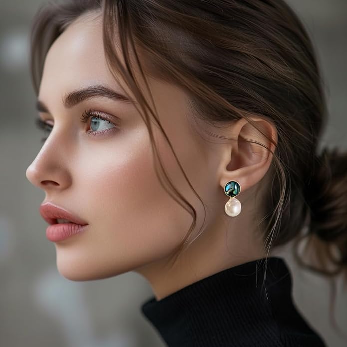 Baroque Pearl Earrings Drop Dangle water droplet shaped Abalone Shell Freshwater Pearl Stud for Women 14K Gold plated Jewelry wedding earrings birthday Gift 11-12mm