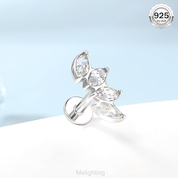 Melighting 16G Curved Helix Earring, Sterling Silver 925 Tragus Conch Stud Internally Threaded, Clear Marquise Round CZ Flat Back Lobe Labret Cartilage Piercing Jewelry for Women 6/8 mm