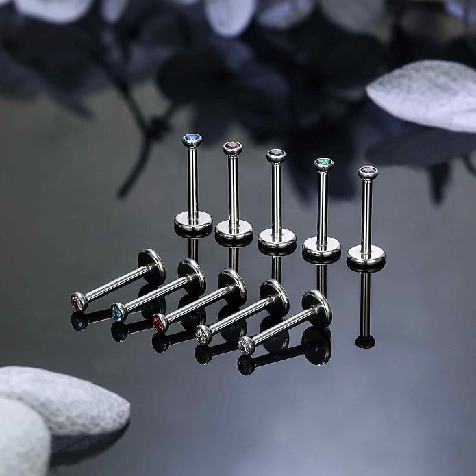 Ruifan Titanium Flat Back Lip Rings Threadless Push in Earrings Studs Nose Rings 20G 18G 16G Jeweled Mix Colors CZ Tragus Cartilage Lobe Rook Helix Conch Labret Medusa Piercing Jewelry for Women Men