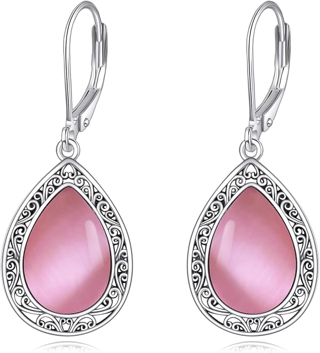 Moonstone/Lapis Lazuli/Peridot/Amethyst/Pink Teardrop Earrings for Women Sterling Silver Filigree Dangle Earrings Leverback Earrings Jewelry Gifts for Women