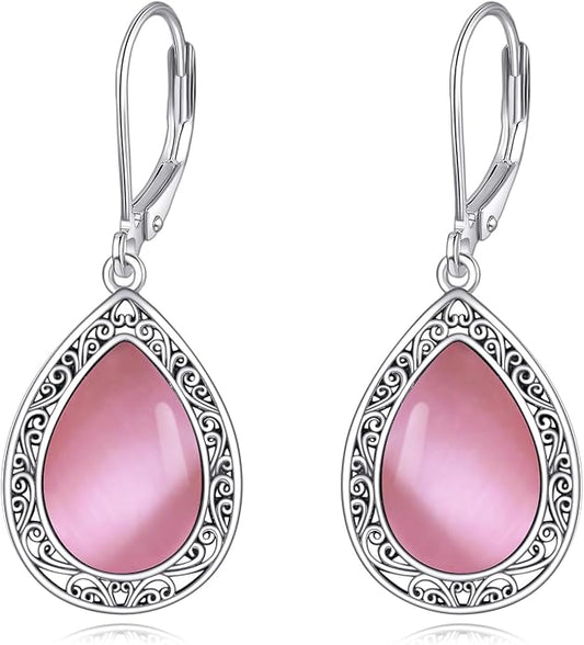 Moonstone/Lapis Lazuli/Peridot/Amethyst/Pink Teardrop Earrings for Women Sterling Silver Filigree Dangle Earrings Leverback Earrings Jewelry Gifts for Women