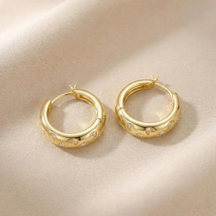 Gold Moon Star Earrings 14K Gold Earrings for Women 20mm Chunky Celestial Huggie Hoop Earrings Jewelry Gift for Girlfriend Mom