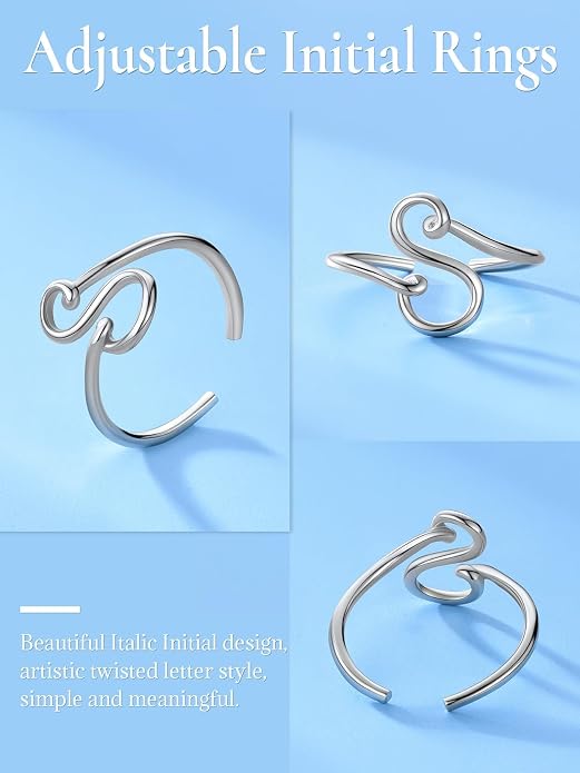 SILVERCUTE S925 Initial Rings, Adjustable Size 6-12 Statement Alphabet Letter A-Z Jewelry Personalized Twisted Initials Rings Sterling Silver Stacking Ring for Women