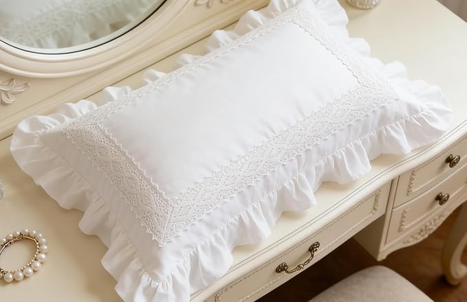 12x20 Pillow Covers, White Lace Square Cushion Cover 100% Cotton Throw Pillow Cover Pillowcase Set of 2, Decorative Cushion case,Handmade Pillowcase with Ruffles