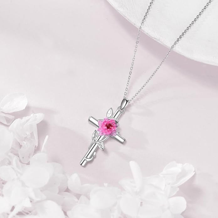 Flower Cross Necklace 925 Sterling Silver Carnation/Rose/Lily/Daisy Cross Necklace Birth Flower Jewelry for Women