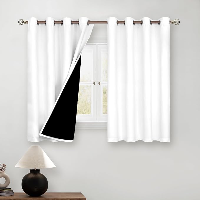 BGment Short 100% Blackout Curtains for Bedroom, Thermal Insulated Energy Efficiency Noise Reducing Grommet Curtains 54 Inch Length with Liner for Small Window 2 Panels Each 46 Inch Wide, Pure White