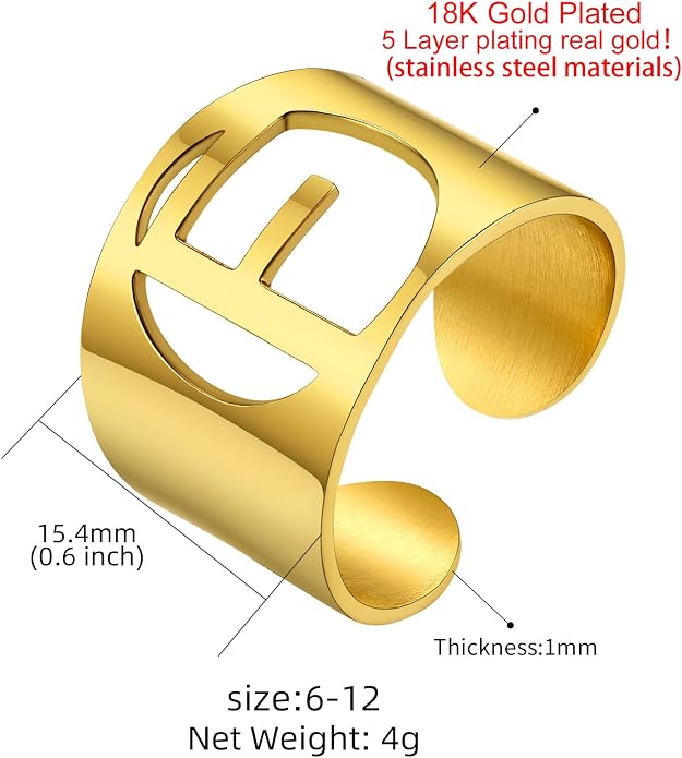 KeyStyle Bold Initial Letter Rings Adjustable, GoldChic Jewelry Women Gold Statement Ring Personalized Engraved Women’s Open Signet Ring for Party (Gold, White Gold, Black)
