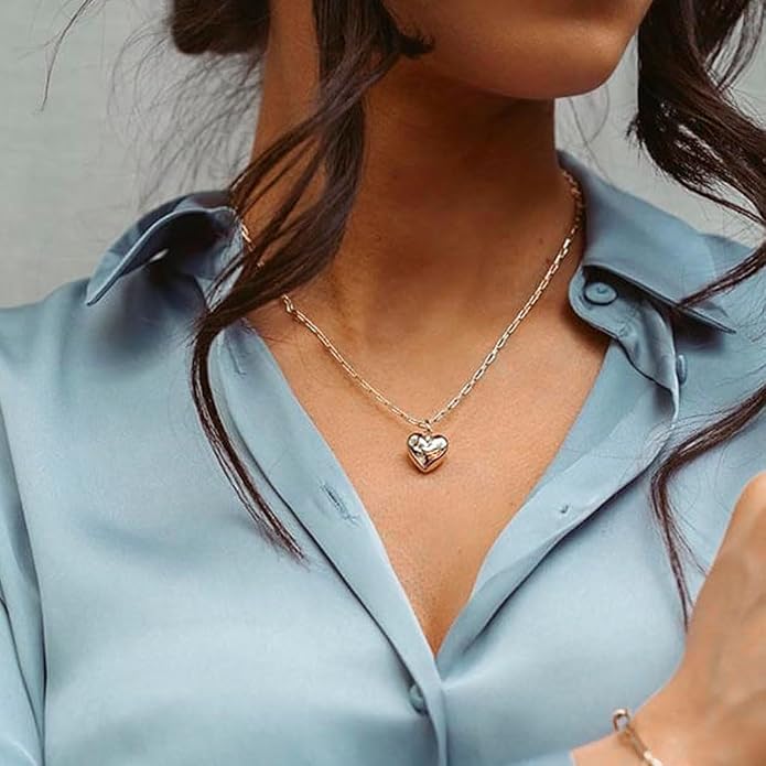 Puffy Heart Necklace 14K Gold Plated Dainty Paperclip Chain Choker Puffed Charm Pendant Necklaces Jewelry for Women