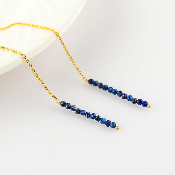 Natural Gemstone Threader Earrings for Women - Dainty 2mm Faceted Beads - Birthstone Crystal Drop Earrings - Silver Plated Healing Jewelry