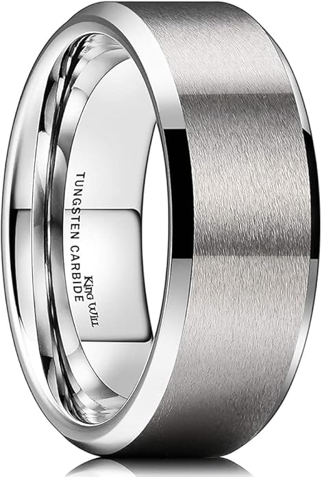 King Will Tungsten Men's Wedding Ring - Available in 6mm to 10mm, Black/Silver, Matte Finish, Beveled Polished Edge, Comfort Fit