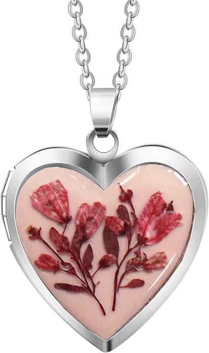 Handmade Dried Pressed Flower Heart Shaped Photo Locket Pendant Necklace
