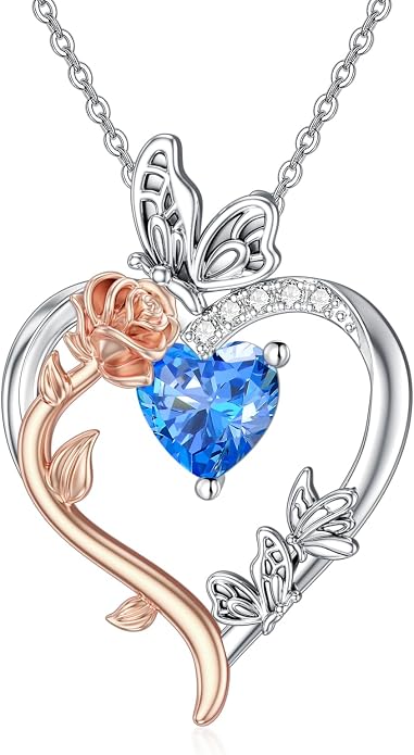 TOUPOP Rose Heart Birthstone Necklace 925 Sterling Silver Heart Butterfly Pendant Love Jewelry Birthday Gifts for Women Wife Mom Her