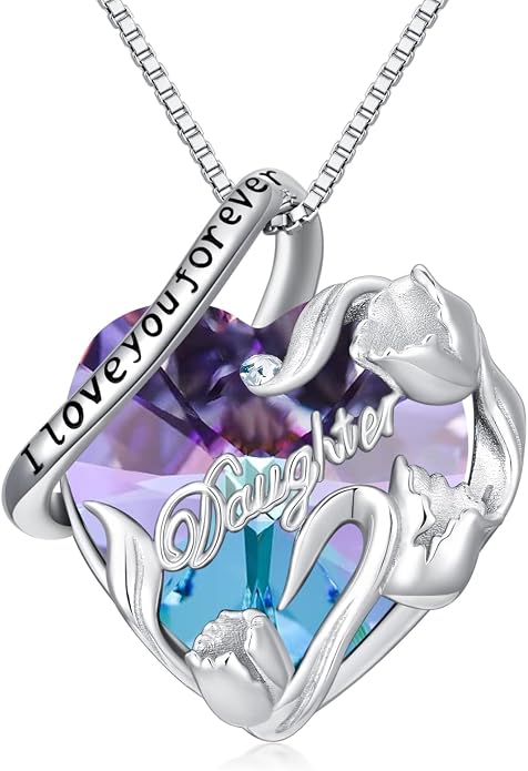 PROESS S925 Sterling Silver Daughter Heart Pendant Necklace from Dad Mom I Love You Forever Jewelry
