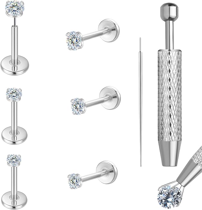 VOJO 3 Pairs Moissanite & Titanium Flat back Earrings, 20G Threadless Labret Stud for Women, Tragus Cartilage Nose Piercing Jewelry, Hypoallergenic Body Earrings