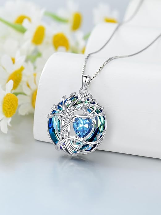 TOUPOP Tree of Life Birthstone Necklace Sterling Silver Pendant Birthstone Necklaces with Blue Crystal Anniversary Birthday Jewelry for Women Mom Wife Her