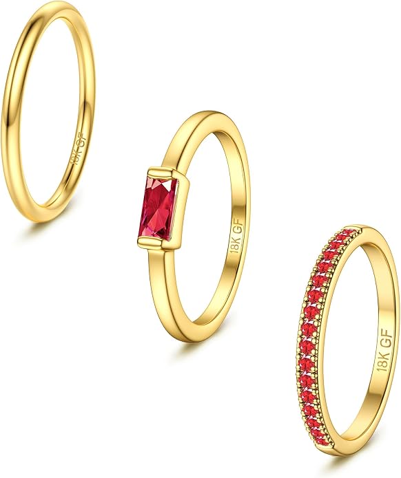 Gold Stackable Birthstone Rings for Women - 18K Gold Filled Non Tarnish Dainty Gold Stacking Rings Set - Cubic Zirconia Thumb Knuckle Ring Wedding Engagement Ring for her Gifts Size 6 7 8 9 10 3pcs