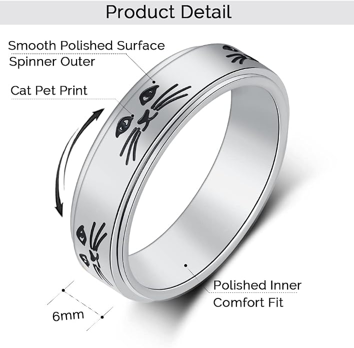 OreilleStar Anxiety Ring for Women Spinner Ring Titanium Stainless Steel Fidget Ring Men 6mm Width With Dog Paw Kitty Cat Face Evil Eye Pattern Spinning Outer Band Size 6 7 8 9 10