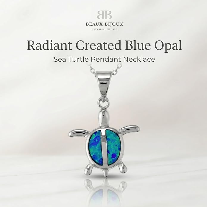 Created Blue Opal Ocean Necklace for Women, 925 Sterling Silver Pendant, 18 Inch Chain, Beach and Sea Life Jewelry Collection