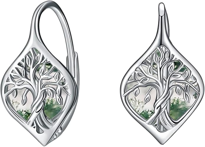 WINNICACA Leverback Earrings for Women 925 Sterling Silver Tree of Life Earrings Dangle Drop Turquoise Moonstone Moss Agate Heart Jewelry Gifts for Women Her Wife Anniversary Birthday Gifts