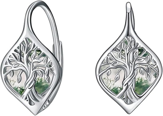 WINNICACA Leverback Earrings for Women 925 Sterling Silver Tree of Life Earrings Dangle Drop Turquoise Moonstone Moss Agate Heart Jewelry Gifts for Women Her Wife Anniversary Birthday Gifts