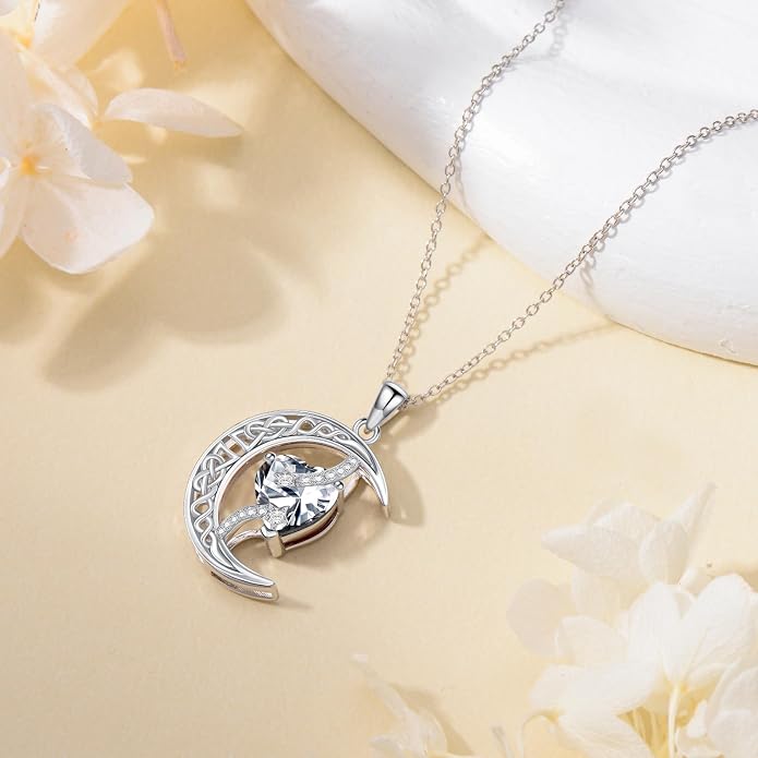 TOUPOP Moon and Star Birthstone Necklace for Women 925 Sterling Silver Celtic Moon Jewelry Birthday Mothers Day Gifts for Mom Wife Her