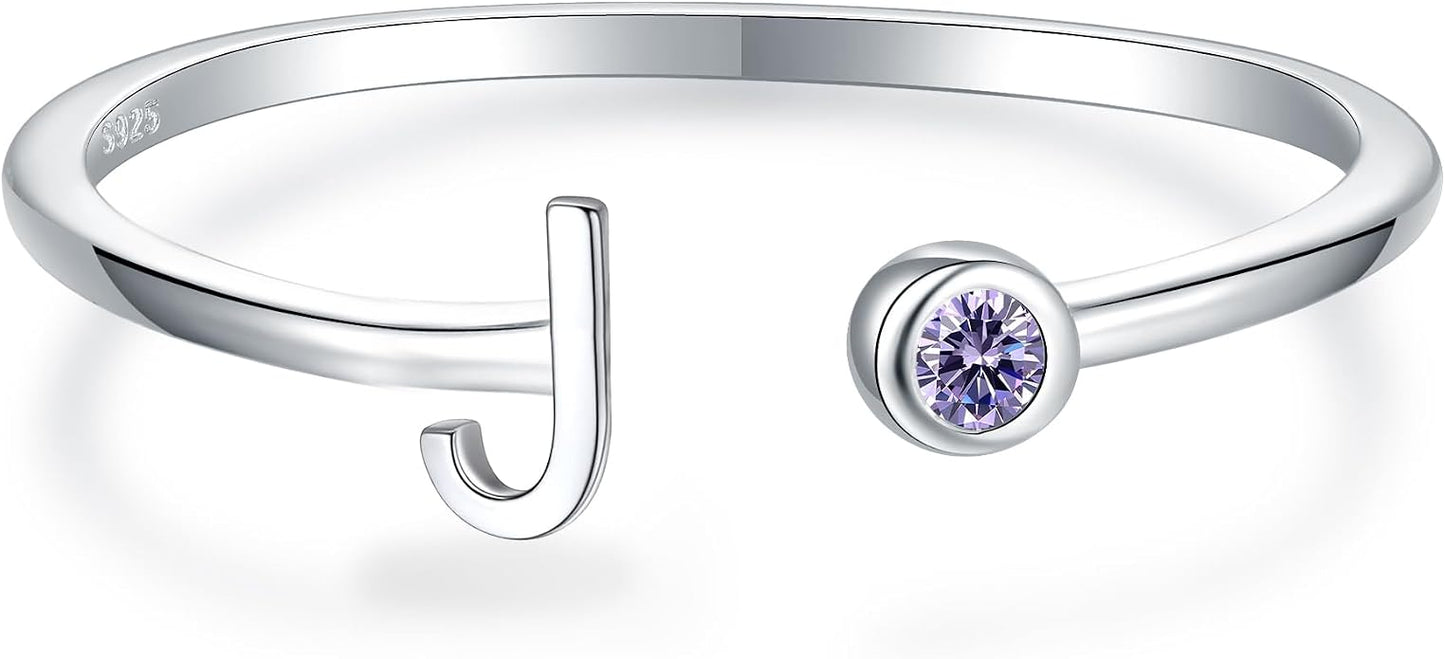 925 Sterling Silver Initial Letter Birthstone Rings for Women Adjustable 1-12 Month Birthstone Alphabet Stacking Ring for Teens Girls Stackable Birthstone Rings Birthday Jewelry Gift for Daughter Mom