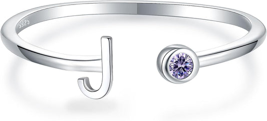 925 Sterling Silver Initial Letter Birthstone Rings for Women Adjustable 1-12 Month Birthstone Alphabet Stacking Ring for Teens Girls Stackable Birthstone Rings Birthday Jewelry Gift for Daughter Mom