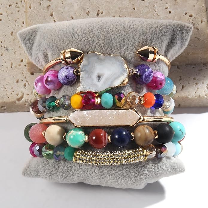 Yomisa 5PCS 6PCS Natural Boho Beaded Bracelets/Bangle for Women Men,Healing Turquoise Jasper Agate Crystal Gemstone Stone Chakra Multilayer Wrap Bohemian Handmade Jewelry Beads Stretch Bracelet Set