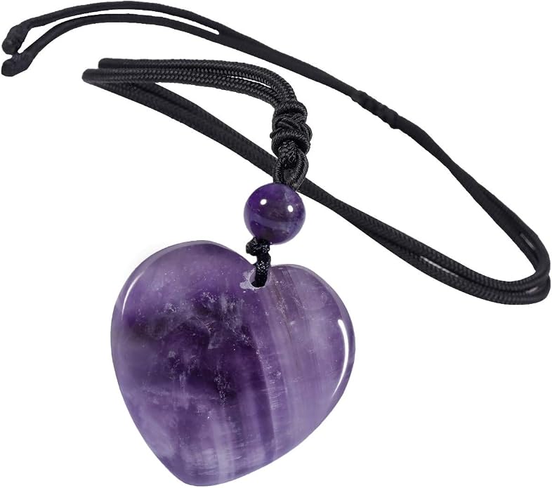 TUMBEELLUWA Carved Stone Heart Shape Necklace Chakra Quartz Pendant with Cord Amulet Healing Crystal Jewelry for Unisex