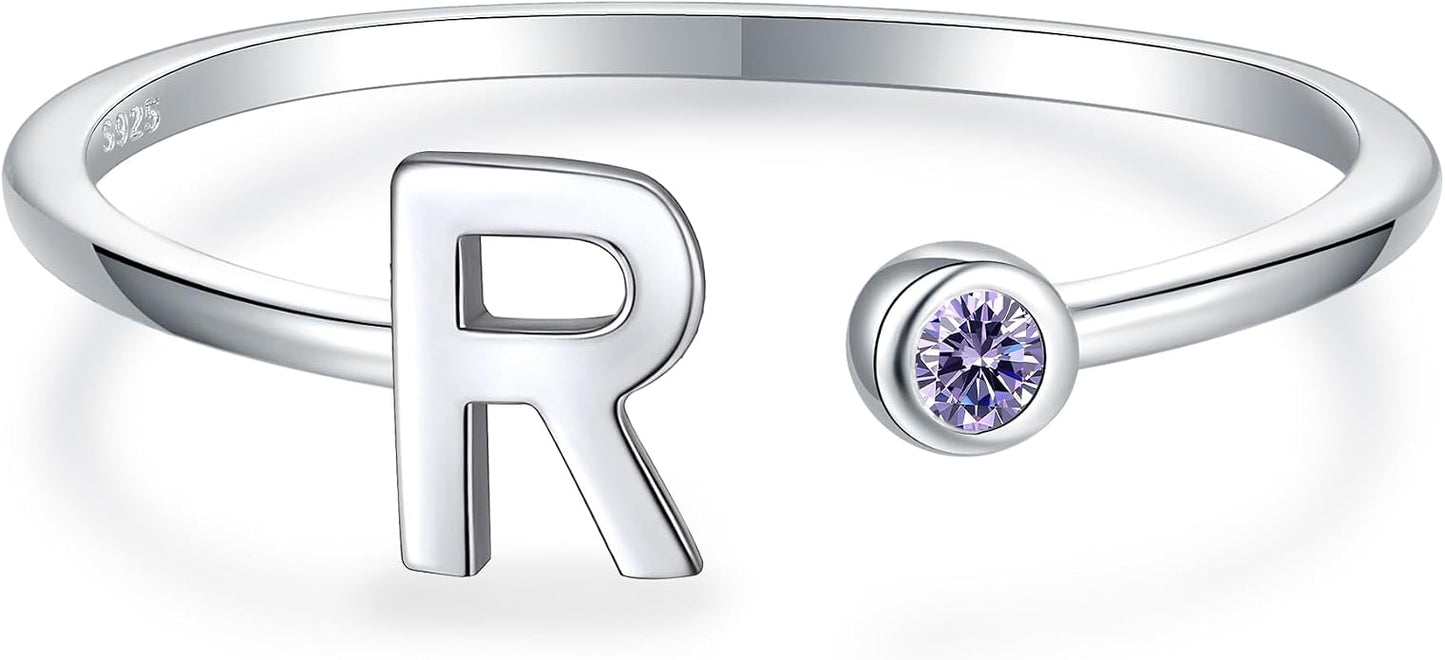 925 Sterling Silver Initial Letter Birthstone Rings for Women Adjustable 1-12 Month Birthstone Alphabet Stacking Ring for Teens Girls Stackable Birthstone Rings Birthday Jewelry Gift for Daughter Mom