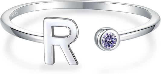 925 Sterling Silver Initial Letter Birthstone Rings for Women Adjustable 1-12 Month Birthstone Alphabet Stacking Ring for Teens Girls Stackable Birthstone Rings Birthday Jewelry Gift for Daughter Mom