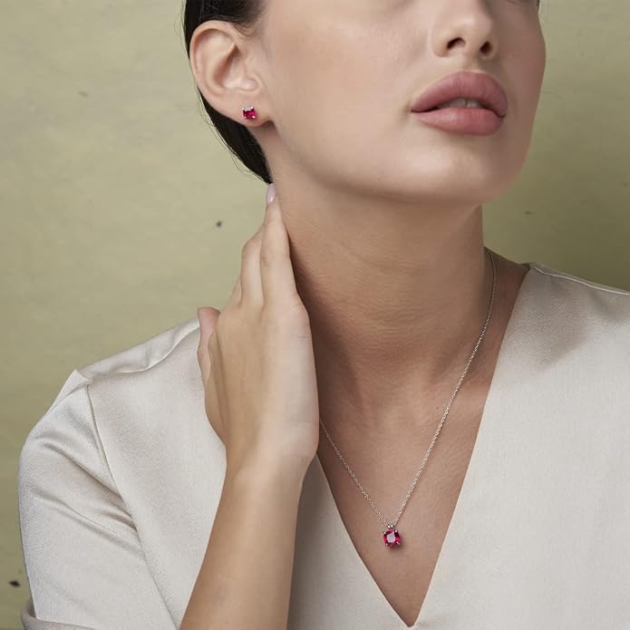 MAX + STONE 14k Gold Plated or Sterling Silver Cushion Cut Gemstone Stud Earrings and Pendant Necklace for Women with 6mm and 8mm Birthstones 18 Inch Chain and Push Backs Jewelry Set