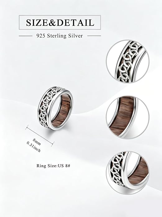 Wooden Celtic/Cross Ring 925 Sterling Silver Wedding Band Wood Mens Rings Engagement Ring Jewelry Gift for Men Women Size 8-14