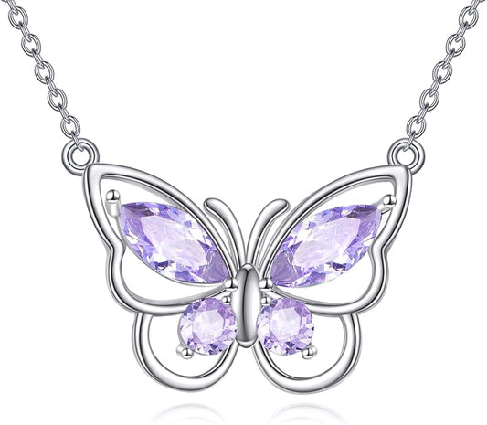 Butterfly Necklace for Women 925 Sterling Silver Crystal Butterfly Pendant Birthstone Amethyst Jewelry Gift