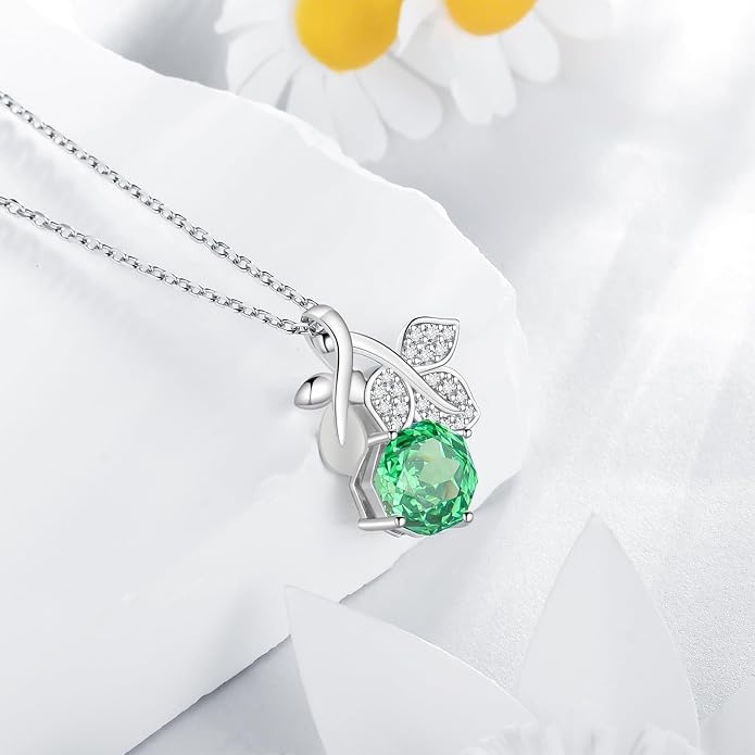 Aurora Tears Birthstone Rose Pendant Necklace - 925 Sterling Silver Rose Cut Cubic Zirconia Flower Leaf Necklace Anniversary Birthday Jewelry Gift for Women Wife Mom Daughter