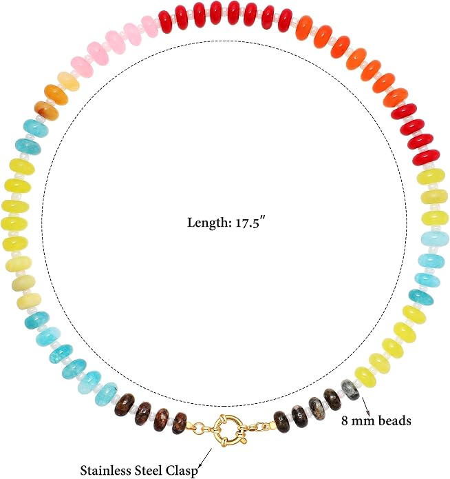 LALAPPLE Colorful Beaded Gemstone Necklace for Women, Boho Rainbow Bead Choker with Natural Stone Crystal Beads, Handmade Summer Beach Necklace Jewelry