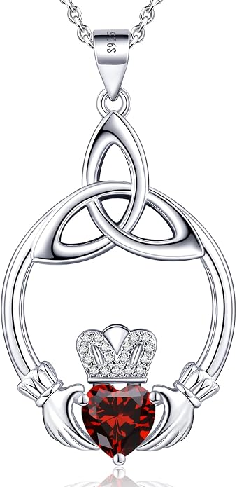 Gift Birthstone Necklaces for Women 925 Sterling Silver Irish Claddagh Necklace for Women Heart Birthstone Pendant Necklace Anniversary Birthday Gifts for Wife Lady Cable Chain 18"+2"