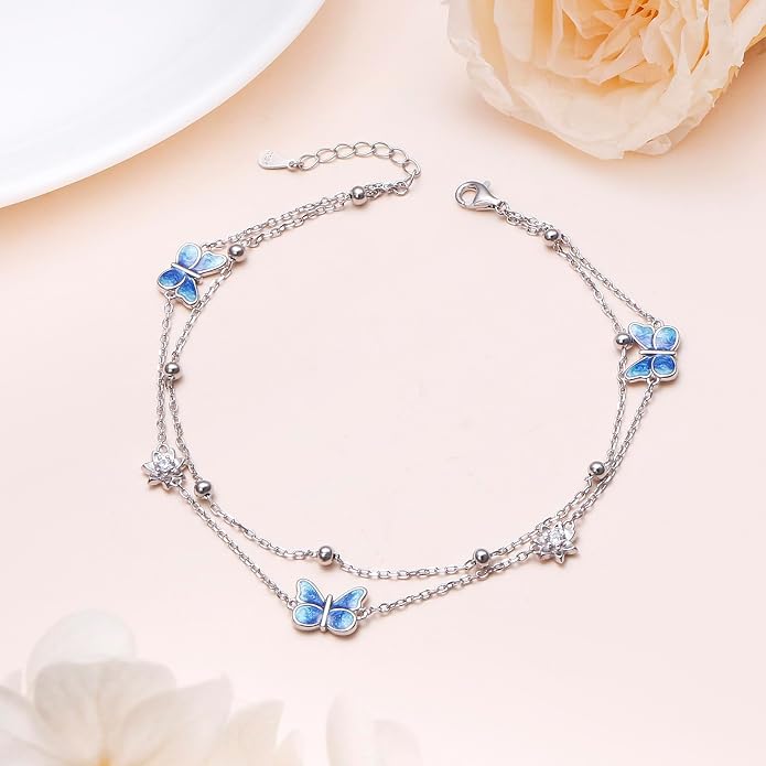 S925 Sterling Silver Ankle Bracelets Butterfly/Evil Eye/Anchor/infinity/Beach Anklet for Women Opal Moonstone Foot Chain Beach Jewelry