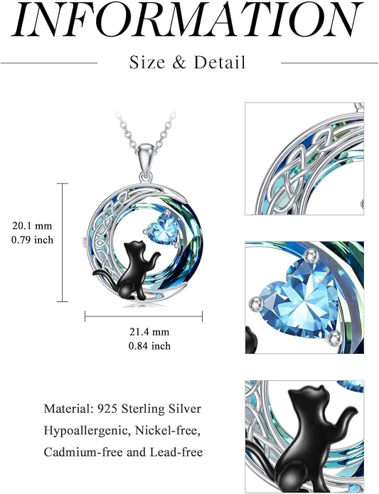 TOUPOP Cat Gifts for Cats Lovers 925 Sterling Silver Black Cat Necklace Celtic Moon Birthstone Jewelry for Women Anniversary Birthday Gift for Her Wife Mom