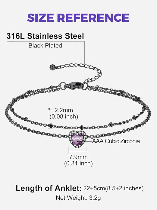 Richsteel Double Layer Heart/Butterfly Birthstone Anklet for Women Non Tarnish Waterproof, Silver/Gold/Black Stainless Steel 8.5-10.5 Inch Adjustable Chain Anklets Jewelry Gifts for Her