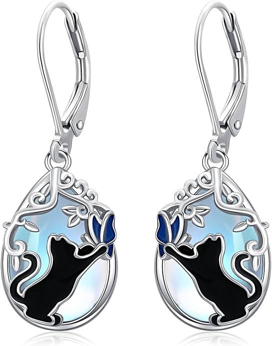 925 Sterling Silver Earrings Tree of Life/Cat/Animal/Turquoise/Moonstone Dangle Drop Earrings for Women Leverback Earring Hypoallergenic Jewelry Gifts