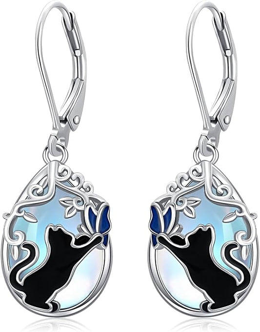925 Sterling Silver Earrings Tree of Life/Cat/Animal/Turquoise/Moonstone Dangle Drop Earrings for Women Leverback Earring Hypoallergenic Jewelry Gifts