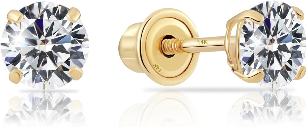 14k Yellow Gold Solitaire Round Cubic Zirconia Stud Earrings in Secure Screw-backs