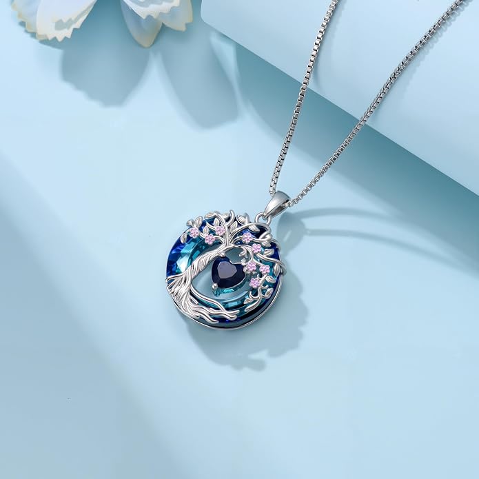 Tree of Life Birthstone Necklace 925 Sterling Silver Crystal Tree of Life Pendant Birthstone Jewelry Birthday Christmas Gifts for Women Mom Her Wife