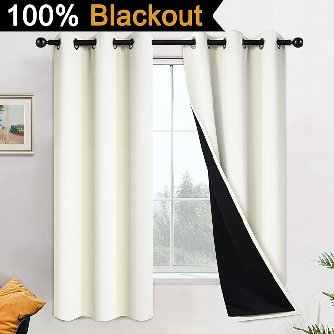 Yakamok Cream 100% Blackout Curtains 63 Inches Long for Bedroom 42" Wide | Blackout Curtain Panels for Bedroom, 2 Thick Layers Grommet Top Thermal Insulated Drapes with Black Liner for Living Room