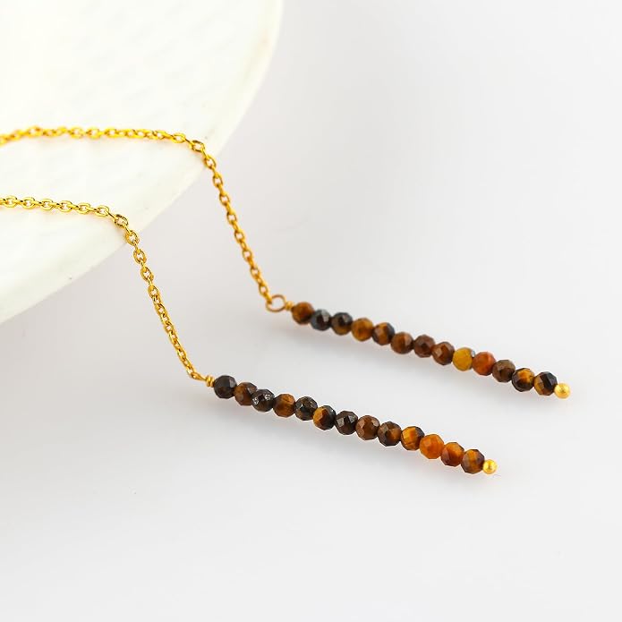 Natural Gemstone Threader Earrings for Women - Dainty 2mm Faceted Beads - Birthstone Crystal Drop Earrings - Silver Plated Healing Jewelry