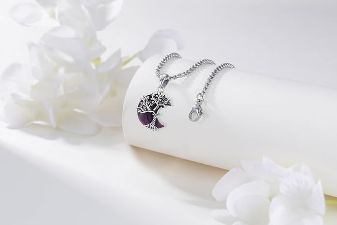 925 Sterling Silver Tree of Life Necklace, Crescent Moon Pendant with Amethyst, Moon Crystal Healing Jewelry Gift for Women