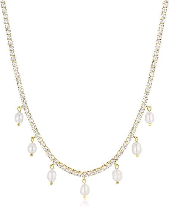 Natural Freshwater Baroque Pearl Necklace 14K Gold Plated Dainty Choker Necklace for Women Girls Snake Chain/Cuban Link/Paperclip/Ball Beaded Chain/Tennis Chain Fashion Jewelry for Gift
