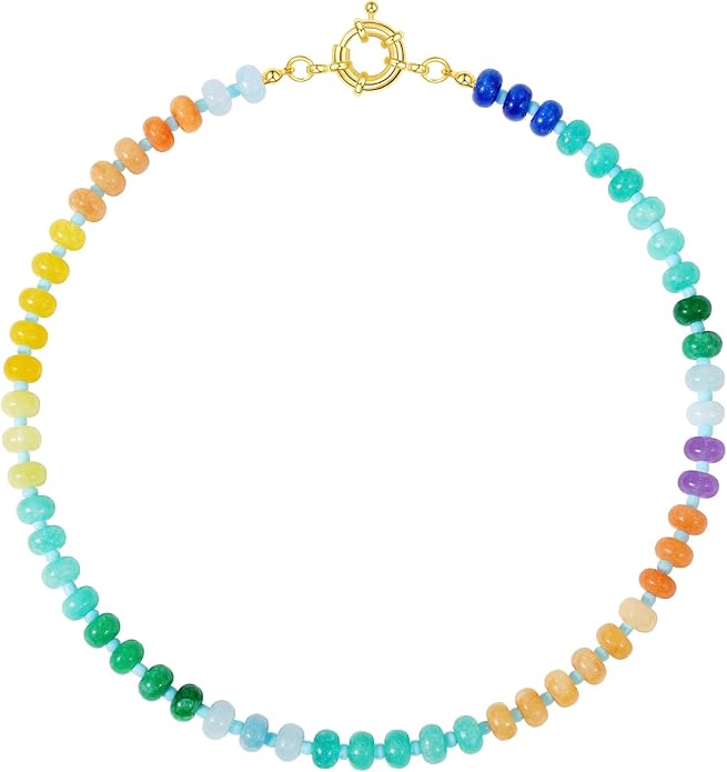 KELORIS PATH Beaded Gemstone Necklaces for Women, Boho Colorful Bead Choker Necklace, Natural Stone Handmade Summer Jewelry for Beach