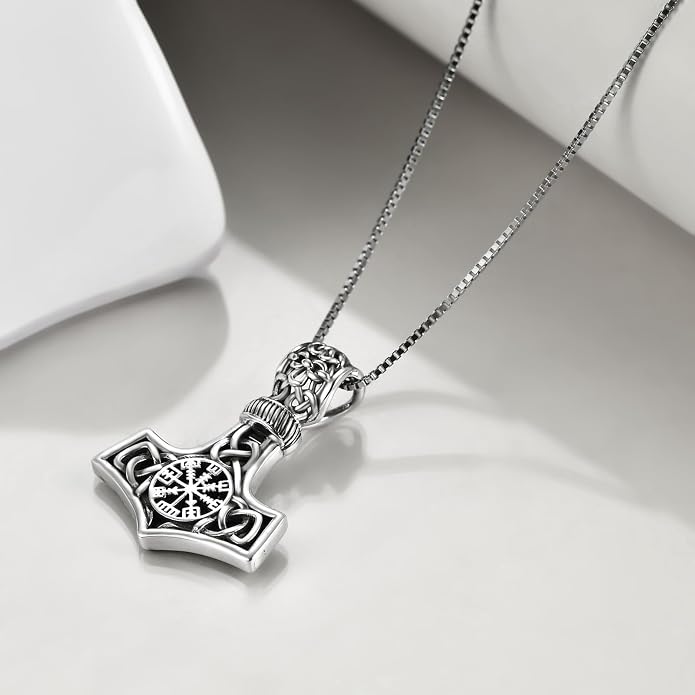Compass Thor Hammer Necklace Sterling Silver Viking Compass Mjolnir Jewelry Gift for Men